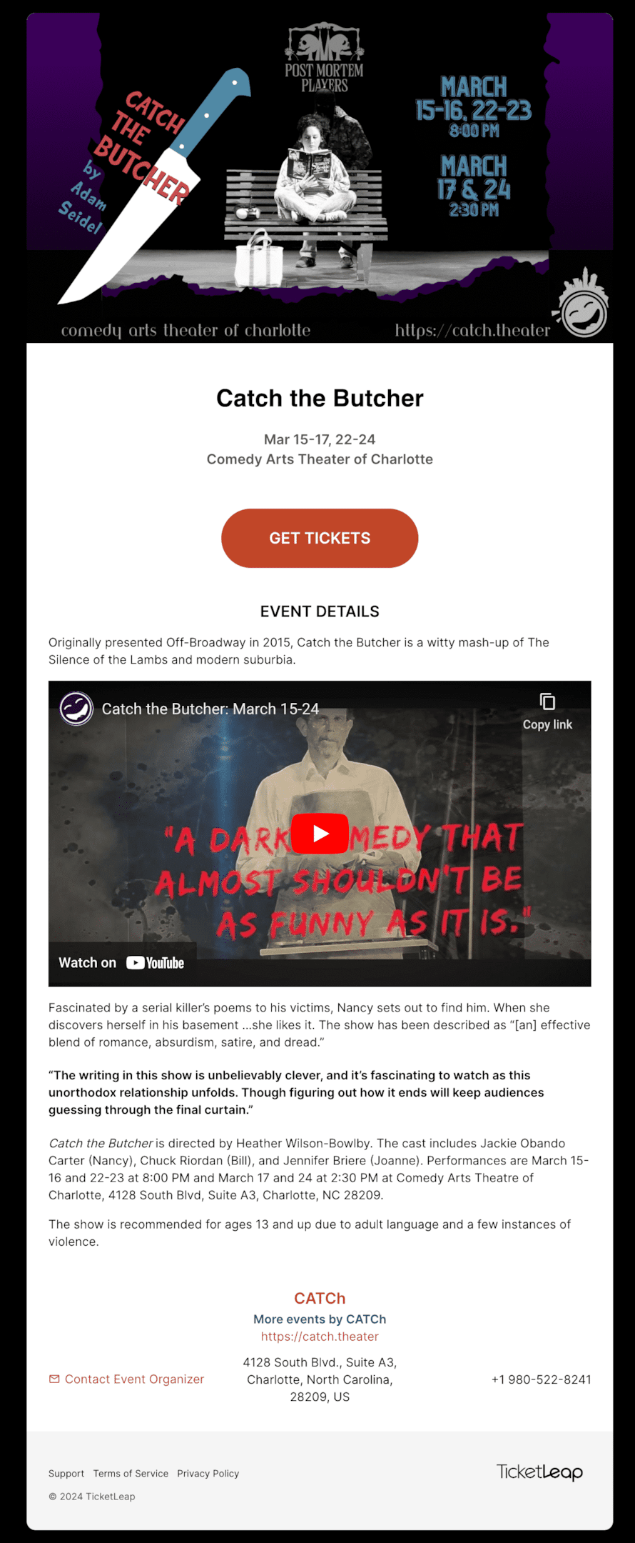 A successful event landing page example for a scary play at a theater company including a video of a butcher