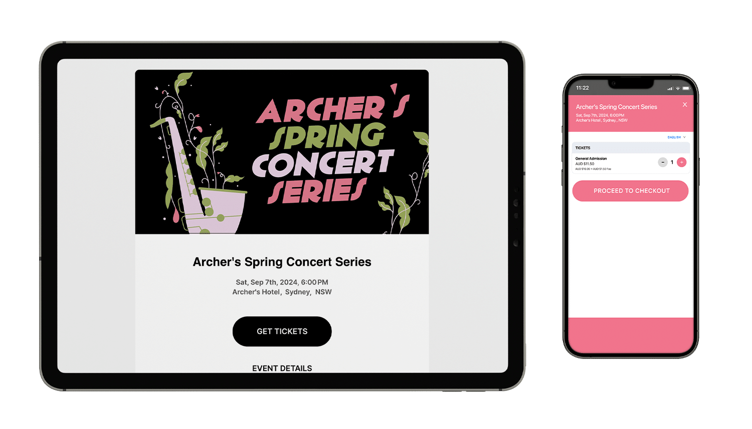An event mockup of Archer's Spring Concert Series on a tablet and mobile phone