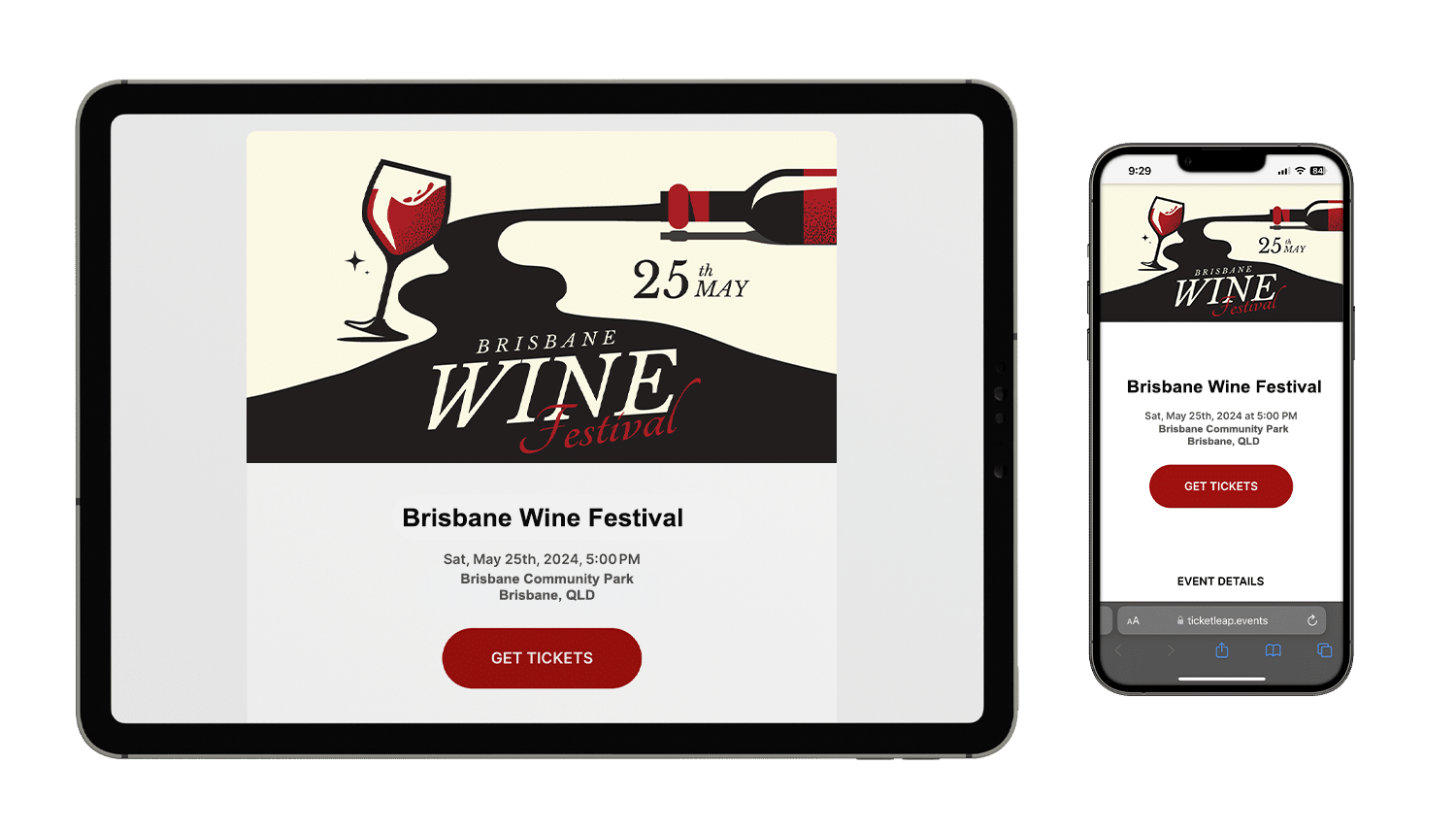 An event mockup of Brisbane Wine Festival on a tablet and mobile phone