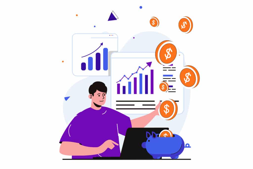 Planning financial budget modern flat concept for web banner design. Male analyst studies financial statistics on charts, puts money in piggy bank.