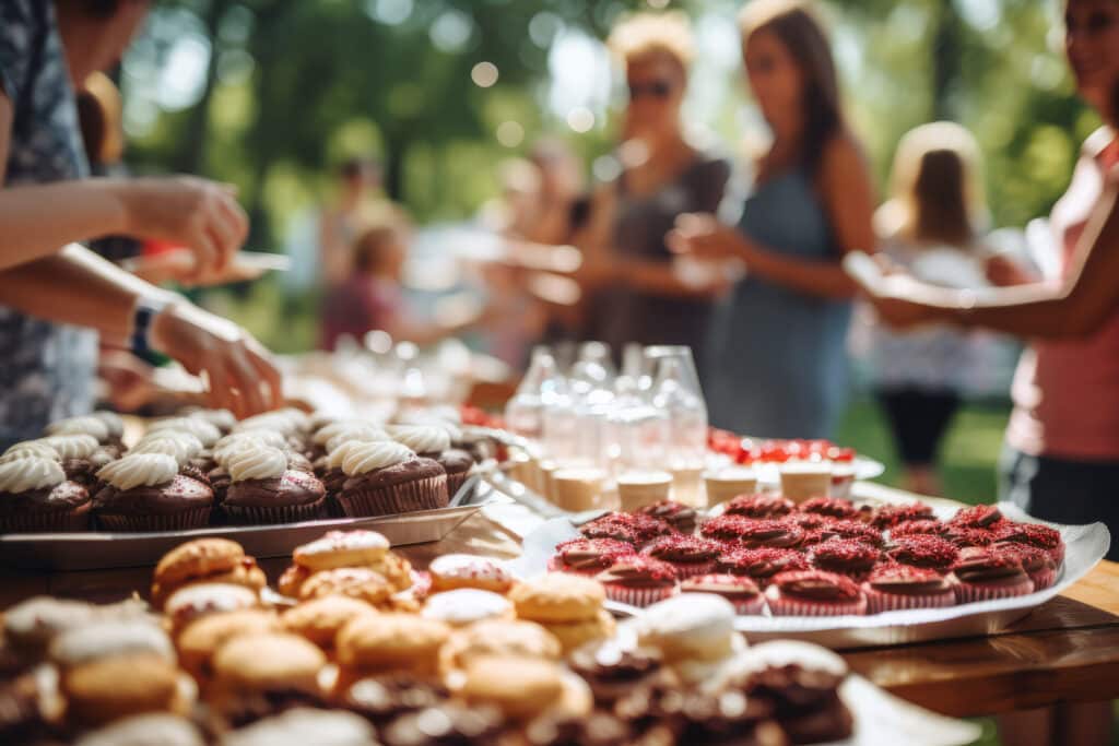 Closeup of table with homemade cupcakes and desserts for sale outdoors.