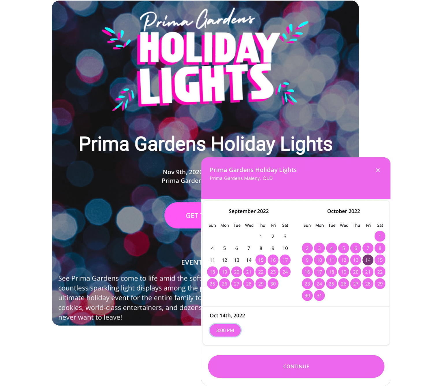 An event page description and calendar of the Prima Gardens Holiday Lights event