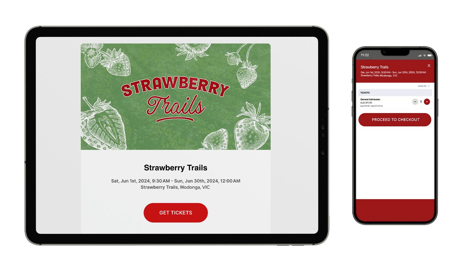 An event mockup of Strawberry Trails on a tablet and mobile phone