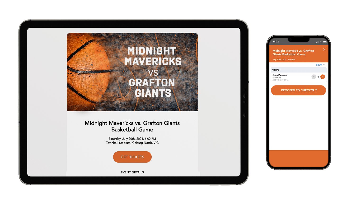 An event mockup of Mavs vs Giants basketball game on a tablet and mobile phone