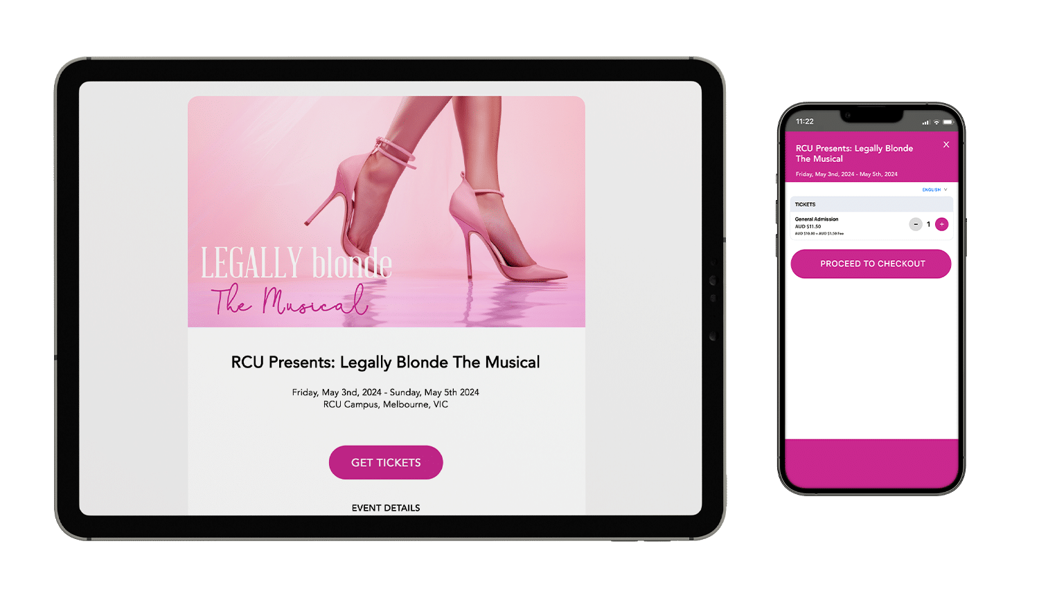 An event mockup of Legally Blonde: The Musical on a tablet and mobile phone