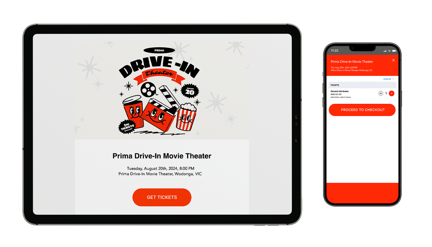 An event mockup of Prima Drive-In Theater on a tablet and mobile phone