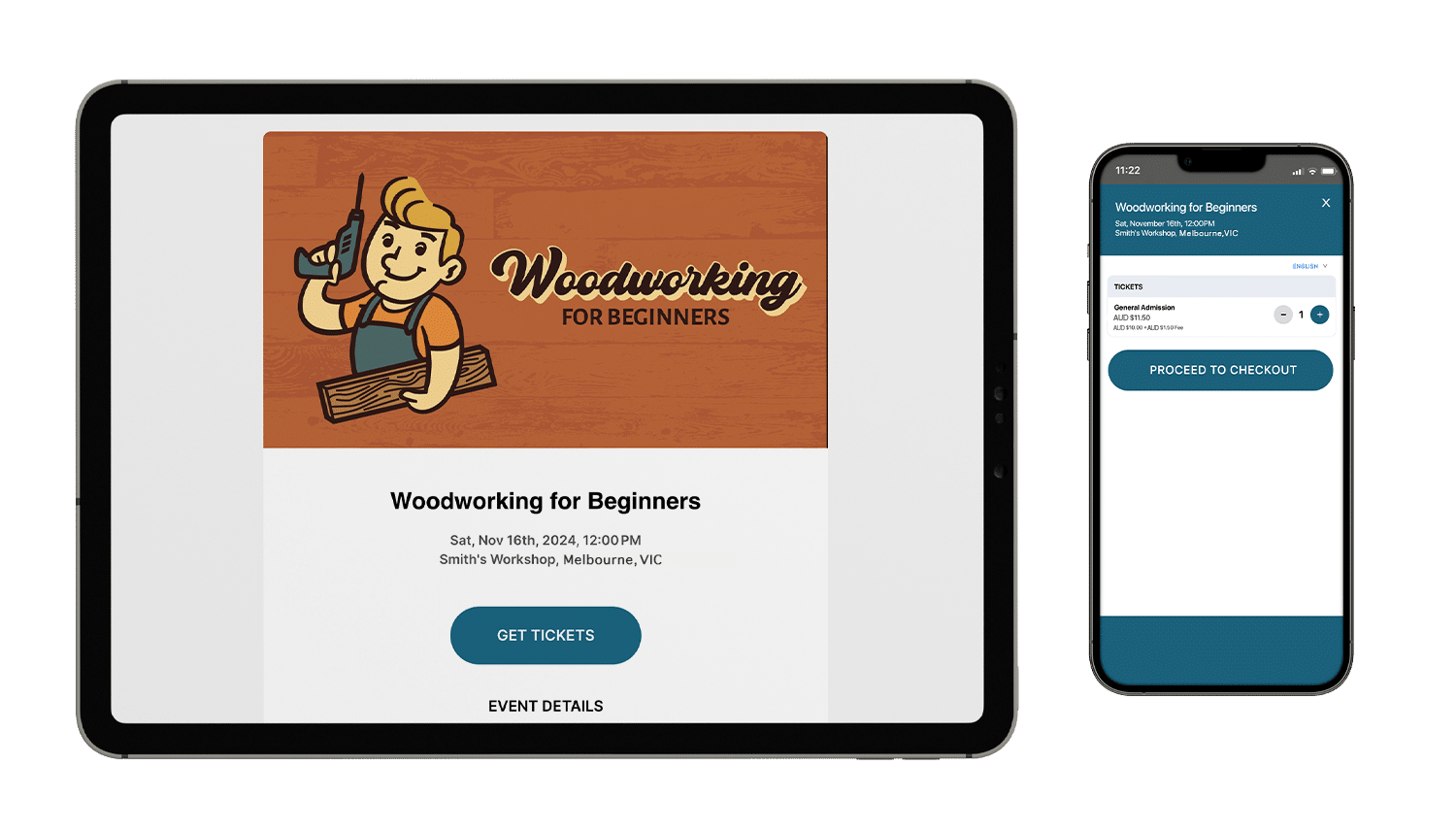 An event mockup of Woodworking for Beginners on a tablet and mobile phone