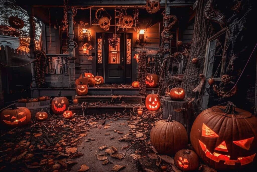 A rustic porch decorated for Halloween with carved pumpkins glowing on the steps and surrounding the entrance.