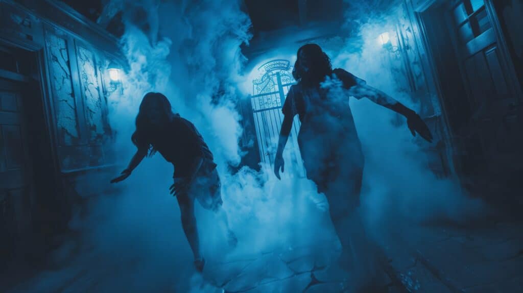 visitors to the haunted house run frightened, eerie light and hazy effects on Halloween night