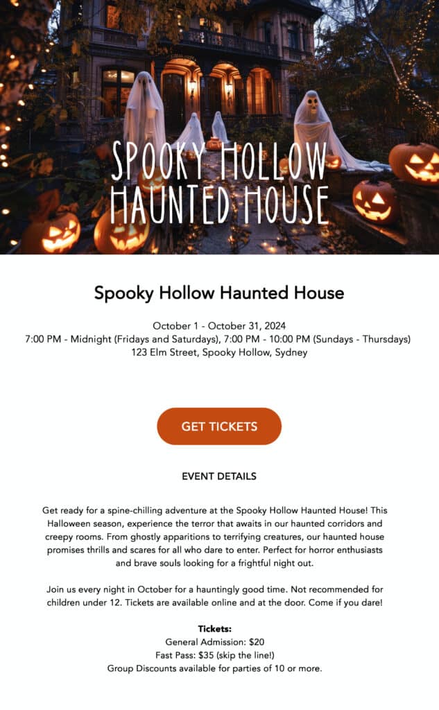 Fictitious TicketLeap event listing landing page for Halloween event