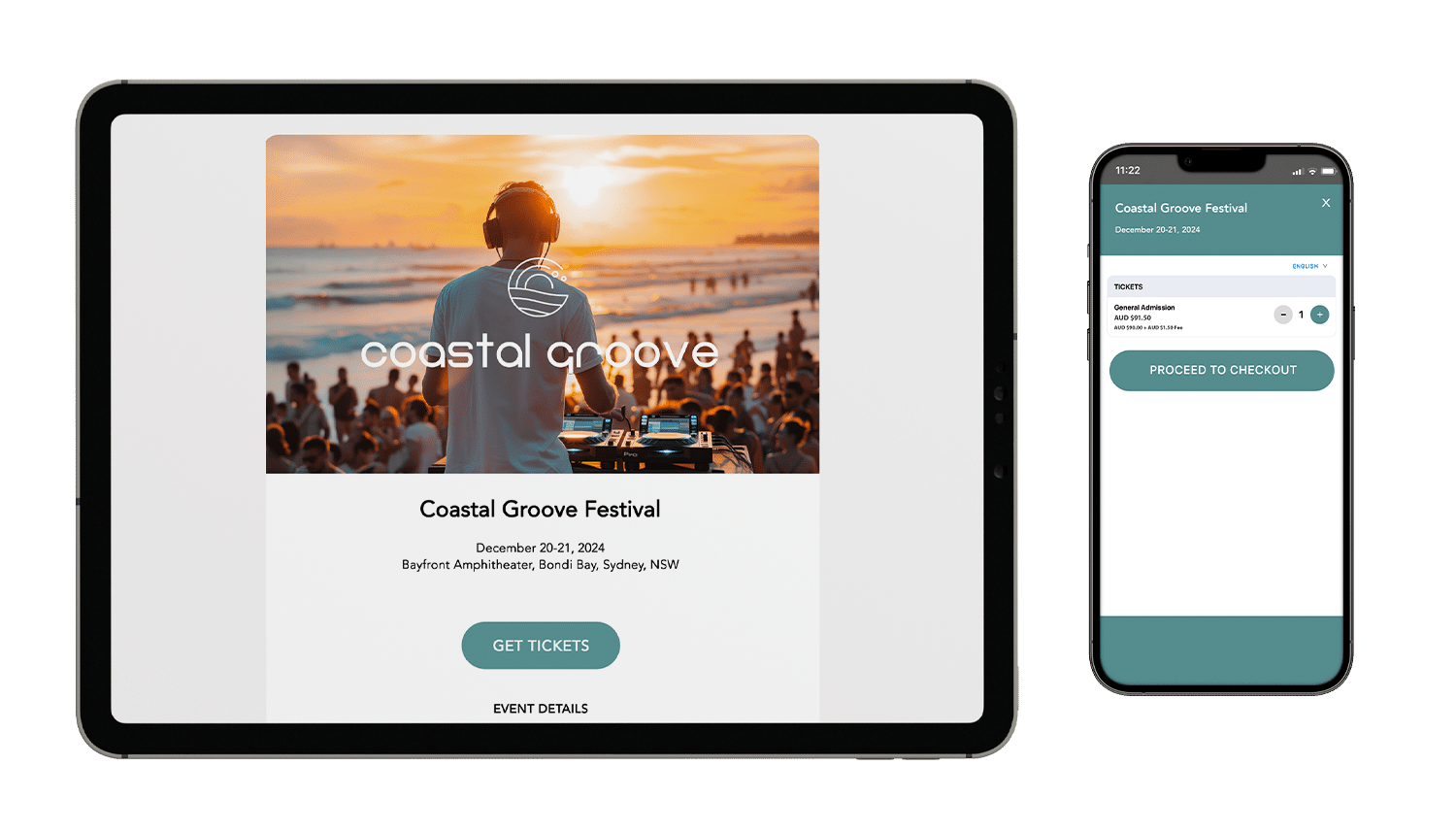 An event mockup of Coastal Groove Festival on a tablet and mobile phone