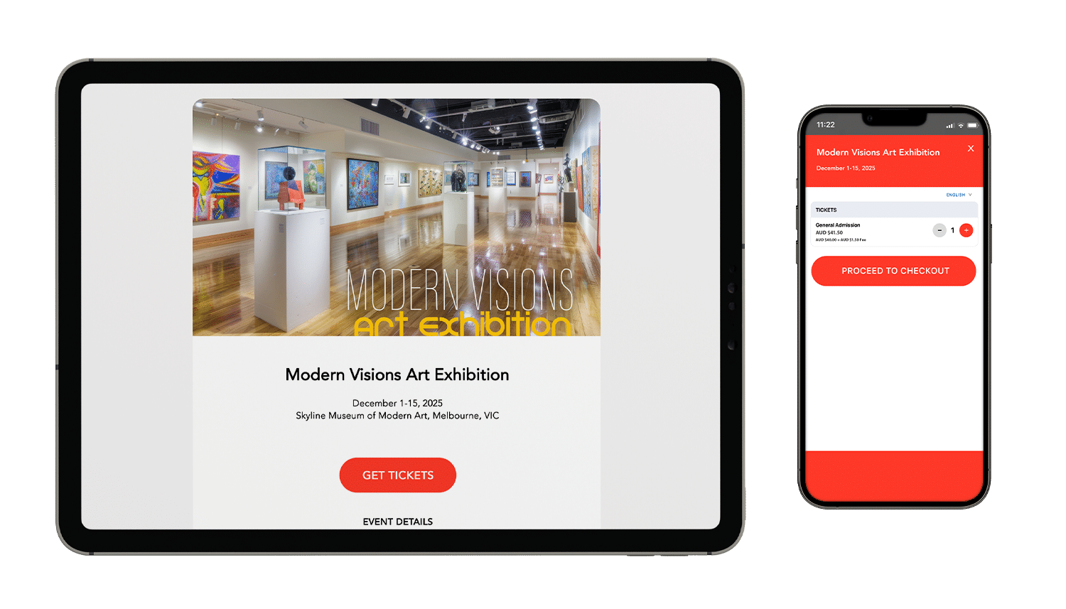 An event mockup of Modern Visions Art Exhibit on a tablet and mobile phone