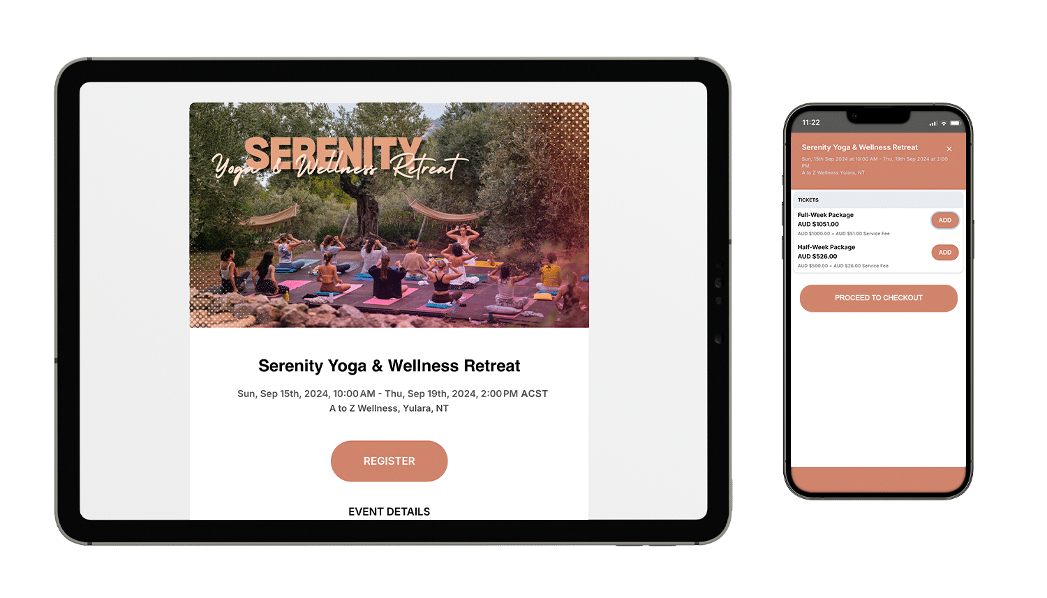 An event mockup of Serenity Yoga & Wellness Retreat on a tablet and mobile phone