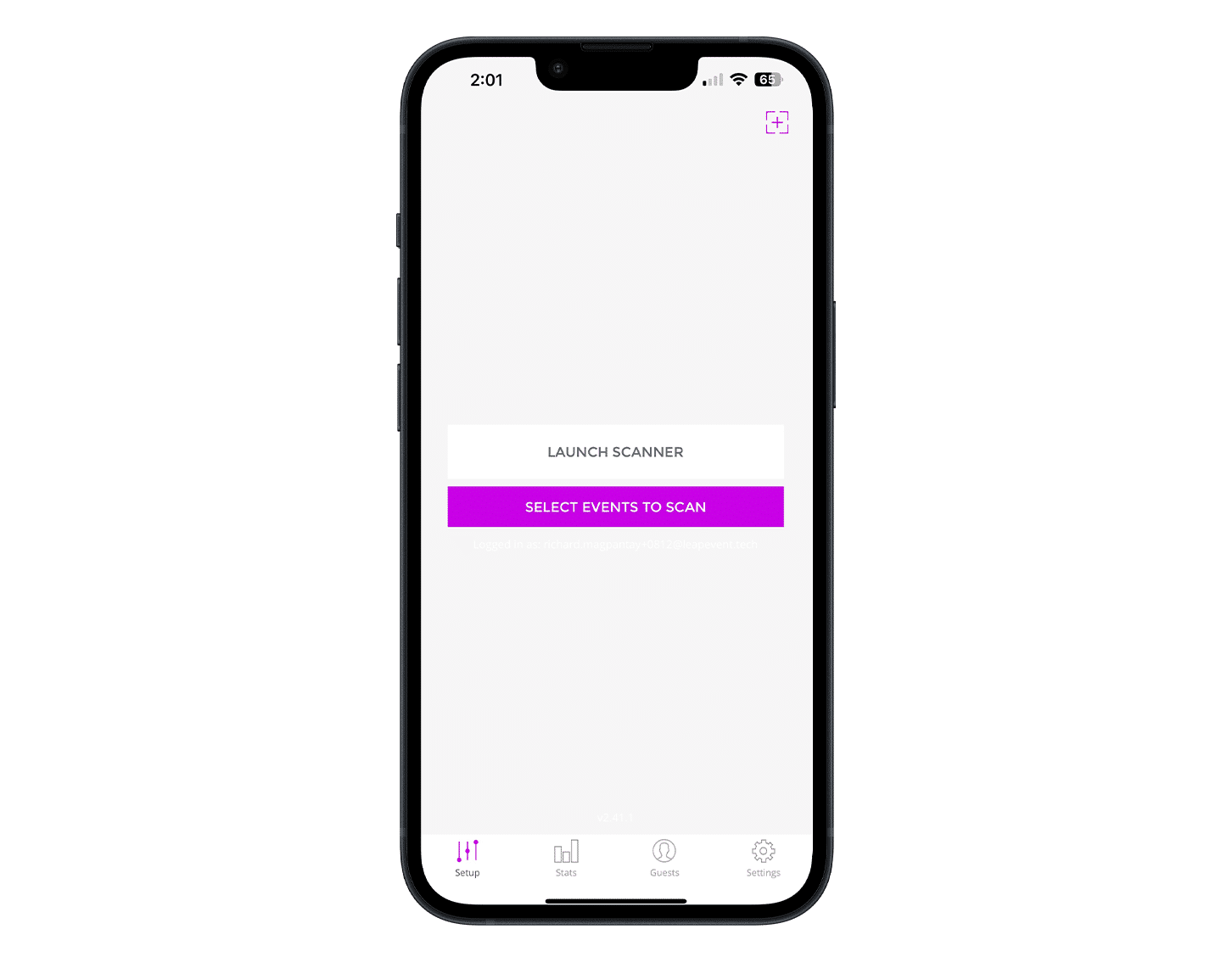 The TicketLeap scanning app login screen