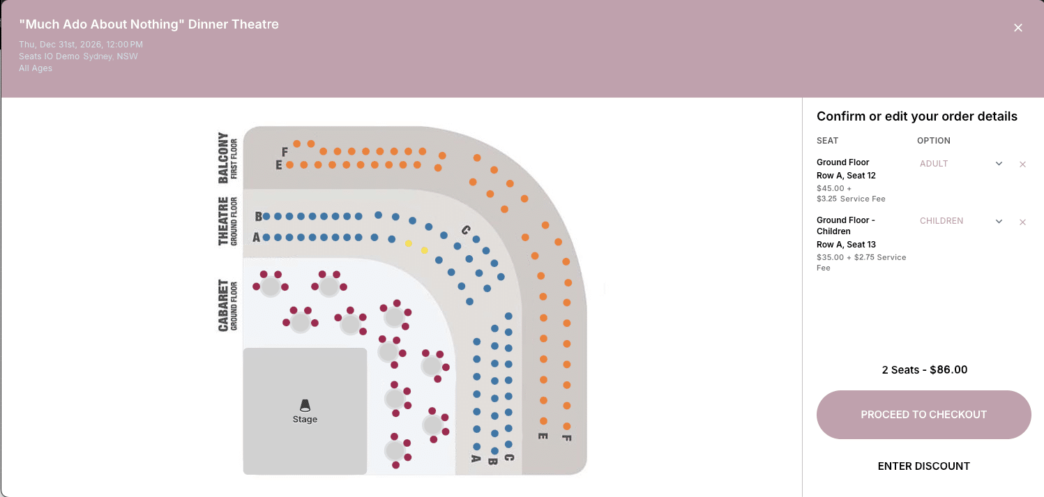 A dinner theatre ticket selection next to a seating chart