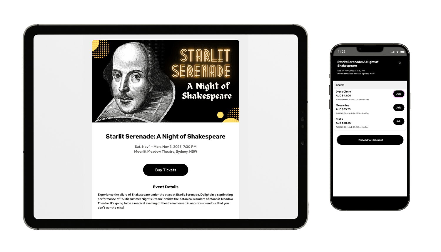 An event mockup of Starlit Serenade on a tablet and mobile phone